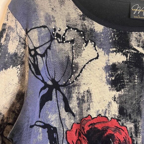 Katina Marie Womens L Supima Cotton 3/4 Sleeve Floral Print knit Sweater USA - Picture 8 of 16